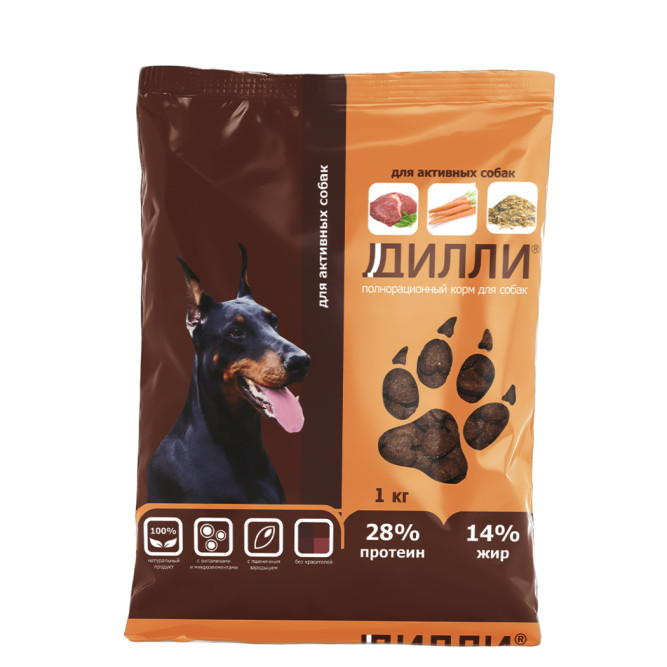 Дилли сухой корм для активных собак с курицей и индейкой - 1 кг