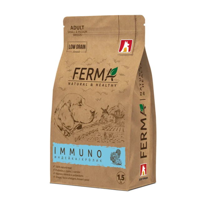 Зоогурман Ferma Immuno сухой корм для взрослых собак мелких и средних пород, с индейкой и кроликом - 1,5 кг