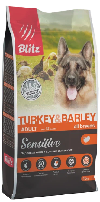 Blitz Adult Turkey&amp;Barley Sensitive сухой корм для взрослых собак всех пород с чувствительным пищеварением с индейкой и ячменём - 15 кг