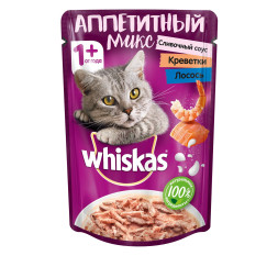 Whiskas Аппетитный микс влажный корм для кошек с лососем и креветками в сливочном соусе - 85 г