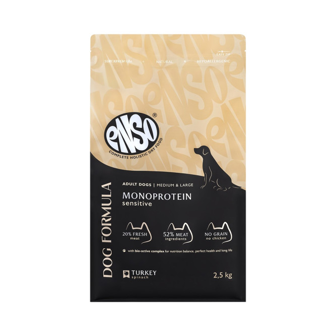 ENSO Dog Formula Monoprotein сухой корм для взрослых собак средних и крупных пород со свежей индейкой и добавлением шпината - 2,5 кг