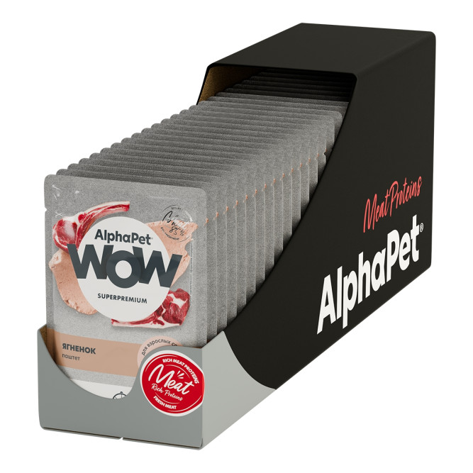 AlphaPet WOW Superpremium влажный корм для взрослых собак всех пород, паштет с ягненком, в паучах - 85 г х 28 шт