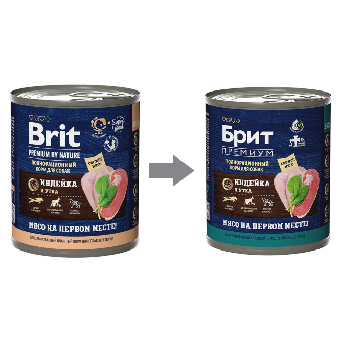 Брит Премиум by Nature консервы для взрослых собак всех пород с индейкой и уткой - 850 г х 6 шт