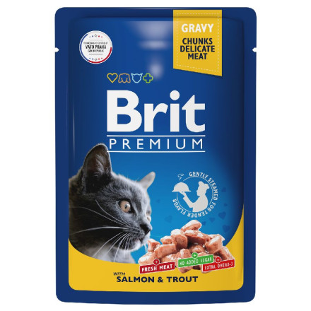 Brit Premium паучи для взрослых кошек с лососем и форелью кусочки в соусе - 85 г х 14 шт