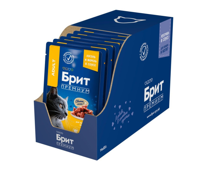 Брит Премиум паучи для взрослых кошек с лососем и форелью кусочки в соусе - 85 г х 14 шт
