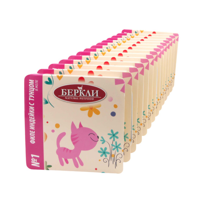 Беркли № 1 влажный корм для кошек всех возрастов, филе индейки с тунцом, в желе - 100 г х 14 шт