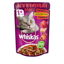 Whiskas Аппетитный микс влажный корм для кошек с птицей и говядиной в томатном желе - 85 г