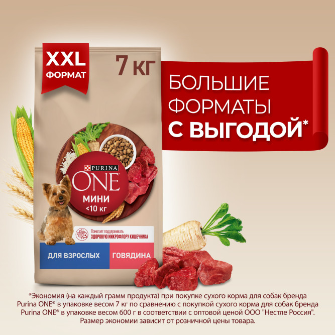 Purina One Мини сухой корм для взрослых собак мелких пород, с высоким содержанием говядины и рисом - 7 кг