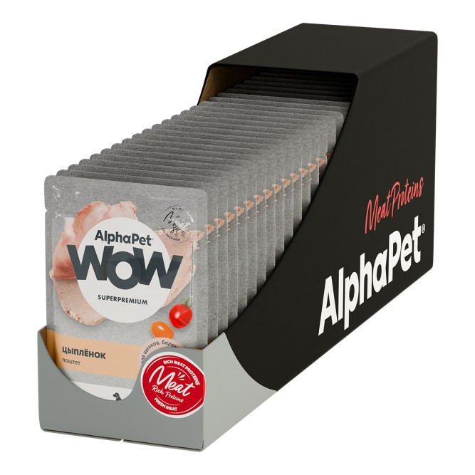 AlphaPet WOW Superpremium влажный корм для щенков, беременных и кормящих собак всех пород, паштет с цыплёнком, в паучах - 85 г х 28 шт