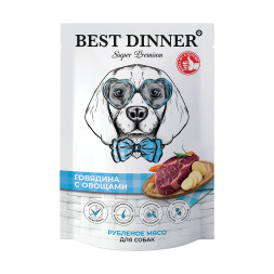 Best Dinner Super Premium влажный корм для взрослых собак и щенков всех пород с говядиной и овощами, рубленое мясо, в паучах - 340 г х 8 шт