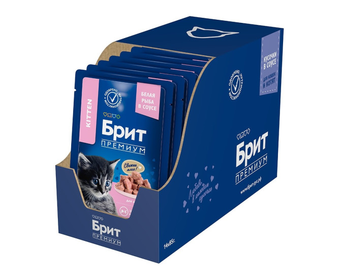 Брит Премиум паучи для котят с белой рыбой кусочки в соусе - 85 г х 14 шт