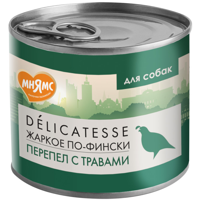 Мнямс Delicatesse "Жаркое по-фински" влажный корм для собак паштет из перепёлки с травами, в консервах - 200 г х 6 шт (+ 6 шт В ПОДАРОК)