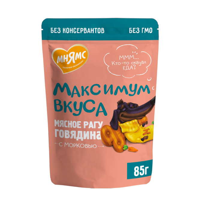 Мнямс Максимум вкуса влажный корм для взрослых собак в форме мясного рагу с говядиной и морковью в паучах - 85 г х 24 шт