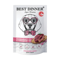 Best Dinner Super Premium влажный корм для взрослых собак и щенков всех пород с говядиной и сердцем, рубленое мясо, в паучах - 340 г х 8 шт