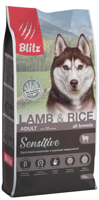 Blitz Adult Lamb&amp;Rice Sensitive сухой корм для взрослых собак всех пород с чувствительным пищеварением с ягненком и рисом - 1,8 кг