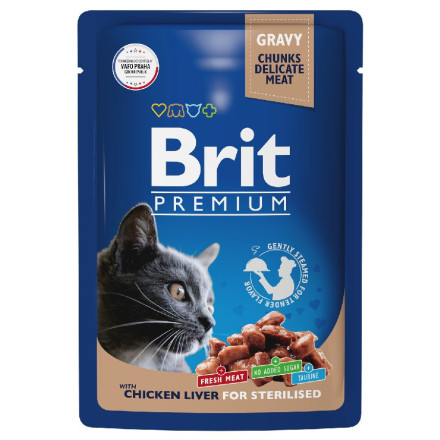 Brit Premium паучи для взрослых стерилизованных кошек с куриной печенью кусочки в соусе - 85 г х 14 шт