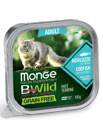 Monge Cat BWild Grain Free влажный беззерновой корм для взрослых кошек с треской и овощами в ламистерах 100 г (32 шт в уп)