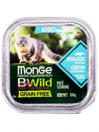 Monge Cat BWild Grain Free влажный беззерновой корм для взрослых кошек с треской и овощами в ламистерах 100 г (32 шт в уп)