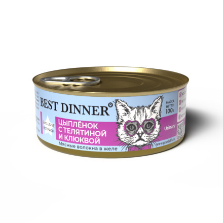 Best Dinner Exclusive консервы для кошек для профилактики МКБ с цыпленком, телятиной и клюквой - 100 г х 24 шт