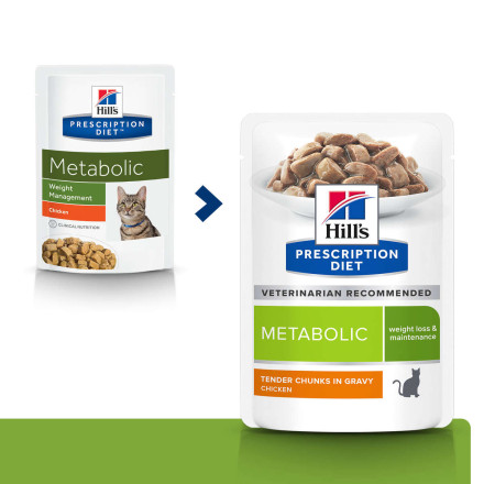 Hills Prescription Diet Metabolic диетический влажный корм для кошек для коррекции веса, с курицей, в паучах - 85  г х 12 шт