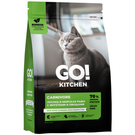 Go&#039; Kitchen CARNIVORE Grain Free сухой беззерновой корм для котят и кошек, с лососем и морской рыбой - 1,36 кг