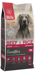 Blitz Adult Beef&amp;Rice Sensitive сухой корм для взрослых собак всех пород с чувствительным пищеварением с говядиной и рисом - 15 кг
