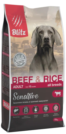 Blitz Adult Beef&amp;Rice Sensitive сухой корм для взрослых собак всех пород с чувствительным пищеварением с говядиной и рисом - 15 кг