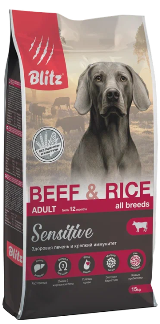 Blitz Adult Beef&amp;Rice Sensitive сухой корм для взрослых собак всех пород с чувствительным пищеварением с говядиной и рисом - 15 кг