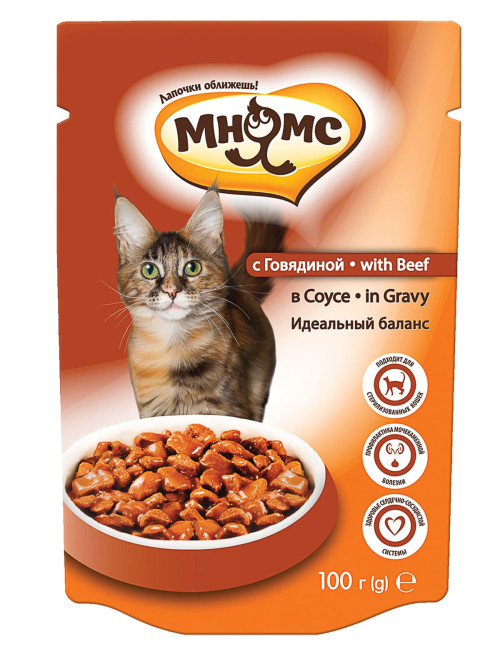 Мнямс Идеальный баланс влажный корм для взрослых кошек с говядиной в соусе - 100 г (24 шт в уп)