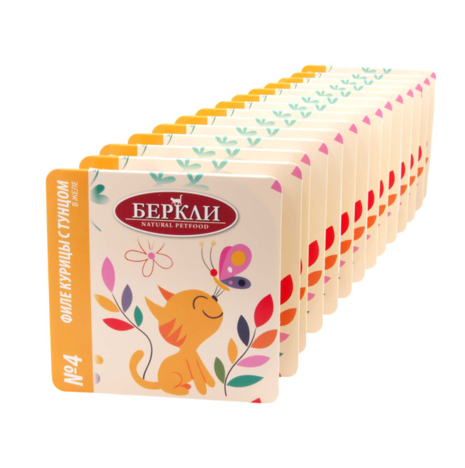 Беркли № 4 влажный корм для кошек всех возрастов, филе курицы с тунцом, в желе - 100 г х 14 шт