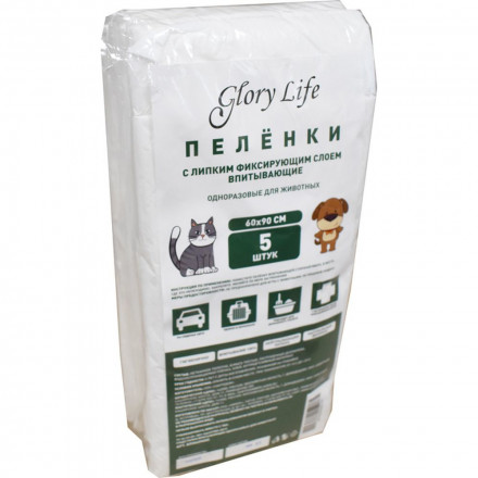 Glory Life пеленки одноразовые для собак и кошек c липким фиксирующим слоем, белые, 5 шт, 60x90 см