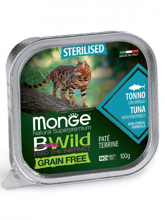Monge Cat BWild Grain Free влажный беззерновой корм для стерилизованных кошек с тунцом и овощами в ламистерах 100 г (32 шт в уп)