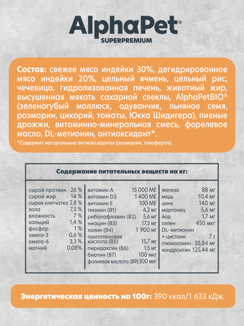 AlphaPet Superpremium Monoprotein сухой корм для взрослых собак мелких пород с индейкой - 500 г