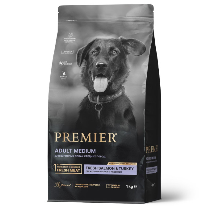 Premier Dog Salmon &amp; Turkey Adult Medium сухой корм для собак средних пород, свежее филе лосося с индейкой - 1 кг