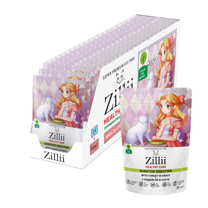 Zillii Healthy Care Sensitive Digestion влажный корм для взрослых кошек с чувствительным пищеварением, с индейкой в соусе, в паучах - 85 г х 24 шт