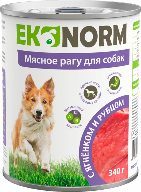 EKONORM влажный корм для взрослых собак, мясное рагу с ягненком и рубцом, в консервах - 340 г х 12 шт