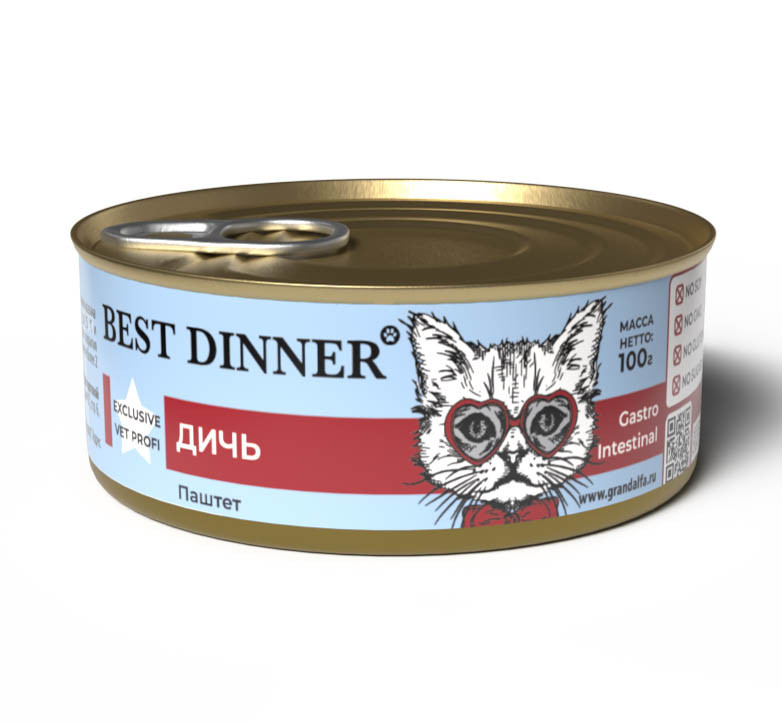 Best Dinner Exclusive консервы для кошек при проблемах пищеварения паштет с  дичью - 100 г х 24 шт - купить в Москве | КотМатрос