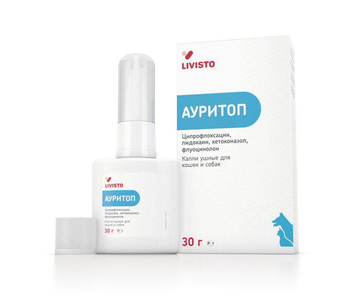 Ауритоп ушные капли для лечения отита бактериальной и грибковой природы у собак и кошек - 30 мл
