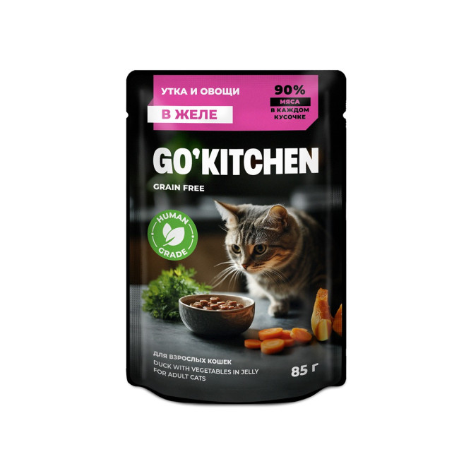 Go' Kitchen Grain Free влажный беззерновой корм для взрослых кошек с уткой и овощами в желе, в паучах - 85 г х 12 шт