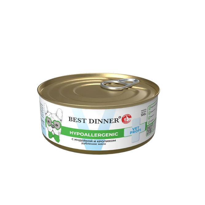 Best Dinner Vet Profi Hypoallergenic влажный диетический корм для взрослых собак и щенков при пищевой аллергии, с индейкой и кроликом, в консервах - 100 г х 12 шт