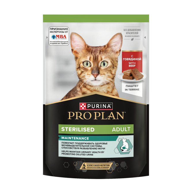 Purina Pro Plan Sterilised Maintenance влажный корм для взрослых стерилизованных кошек, паштет с говядиной, в паучах - 75 г x 26 шт
