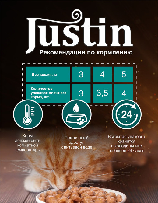 Justin влажный корм для взрослых кошек с кроликом в соусе, в паучах - 75 г х 28 шт