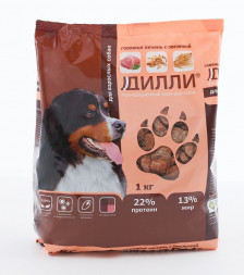 Дилли сухой корм для взрослых собак говяжья печень с овсянкой - 1 кг