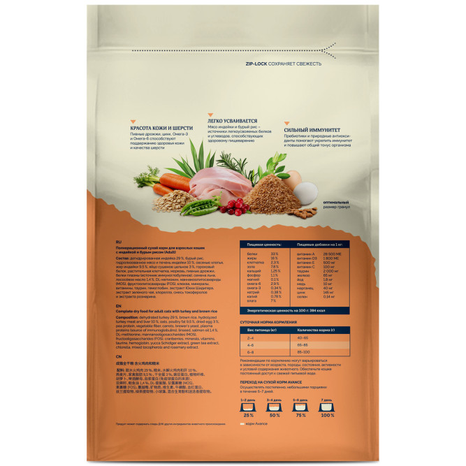Avance Adult полнорационный сухой корм для взрослых кошек, с индейкой и бурым рисом - 400 г