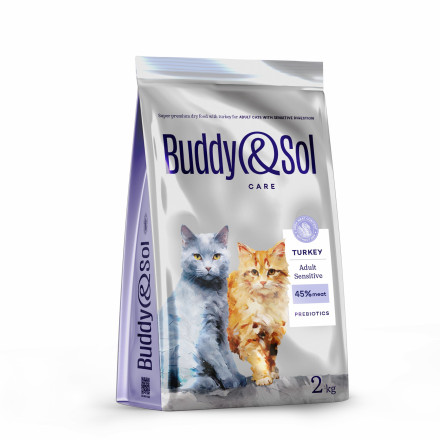 Buddy&amp;Sol Care Sensitive сухой корм для взрослых кошек с чувствительным пищеварением с индейкой - 2 кг