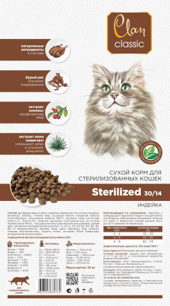 Clan Classic Sterilized 30/14 сухой корм для взрослых стерилизованных кошек с индейкой - 10 кг