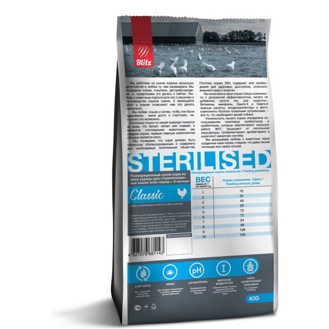 Blitz Classic Cat Sterilised сухой корм для взрослых стерилизованных кошек, с курицей - 400 г