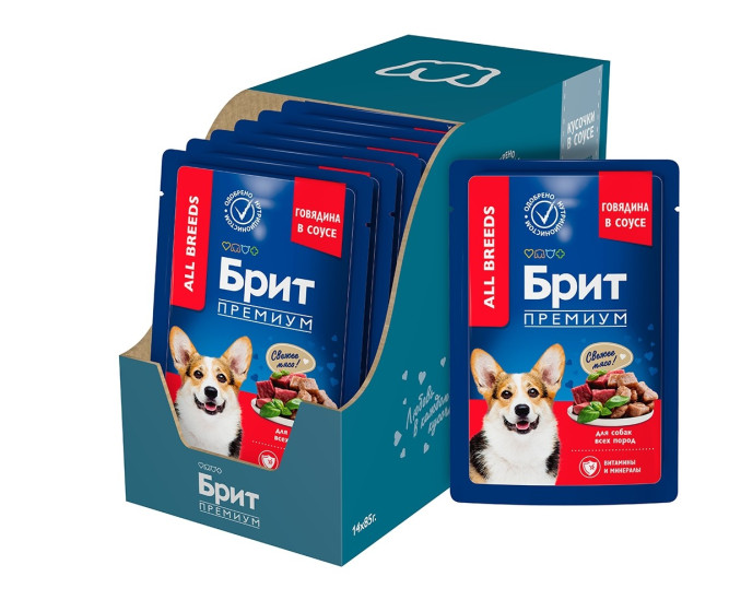 Брит Премиум паучи для взрослых собак всех пород с говядиной в соусе - 85 г х 14 шт