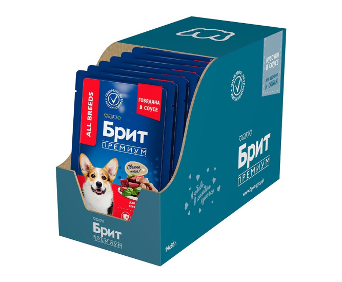 Брит Премиум паучи для взрослых собак всех пород с говядиной в соусе - 85 г х 14 шт