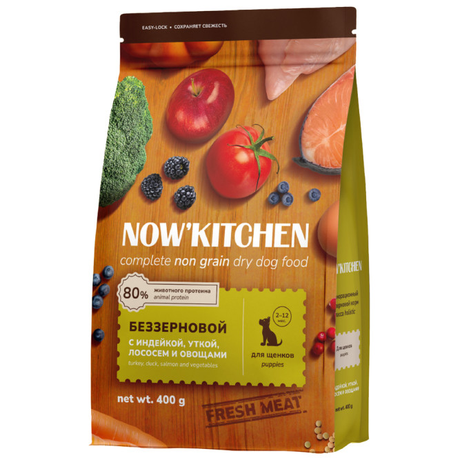 NOW' Kitchen сухой беззерновой корм для щенков, со свежей индейкой, уткой и лососем - 400 г